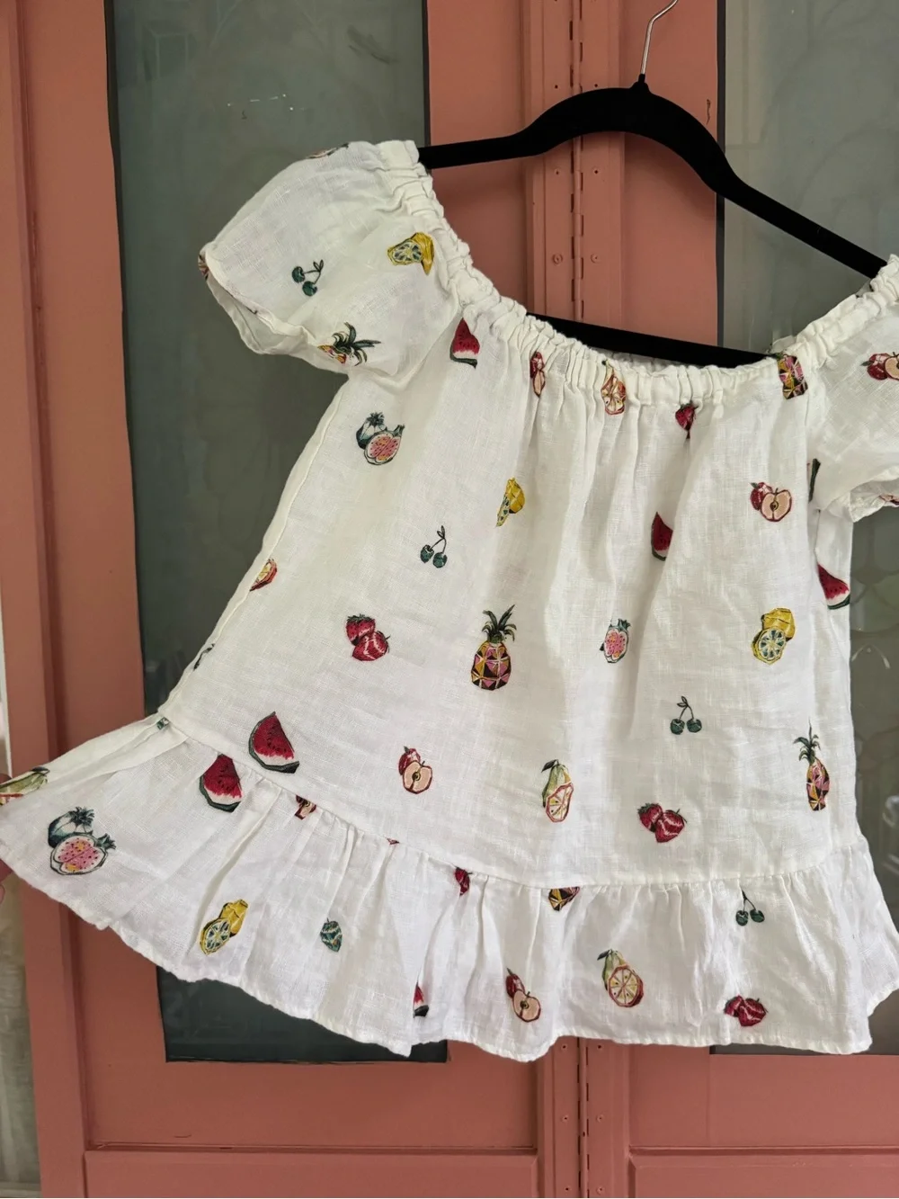 Zara White Off-Shoulder Top with Colorful Fruit Print